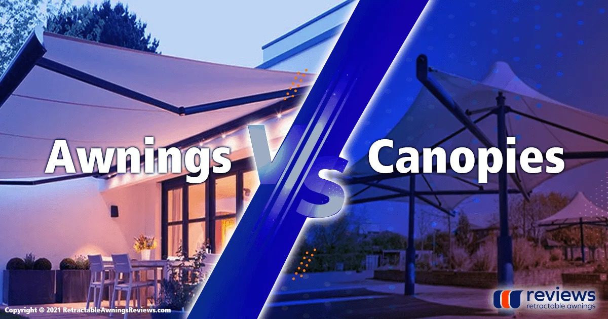 An image comparing the differences between awnings vs canopies