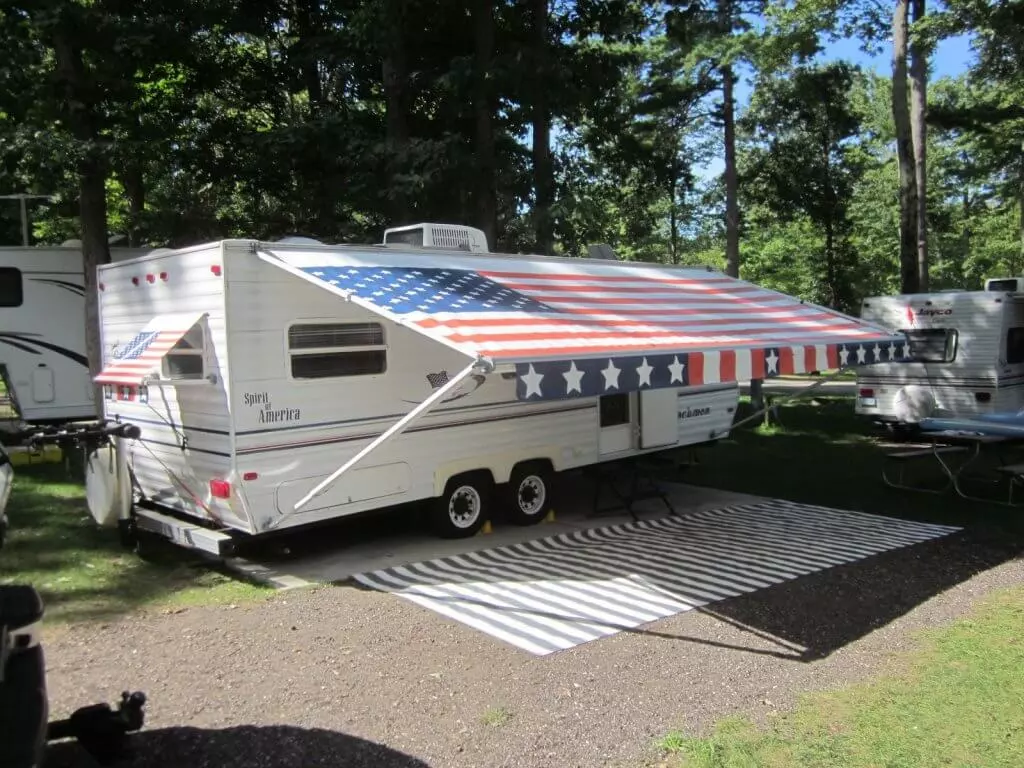 A side arm awnings with an American flag design