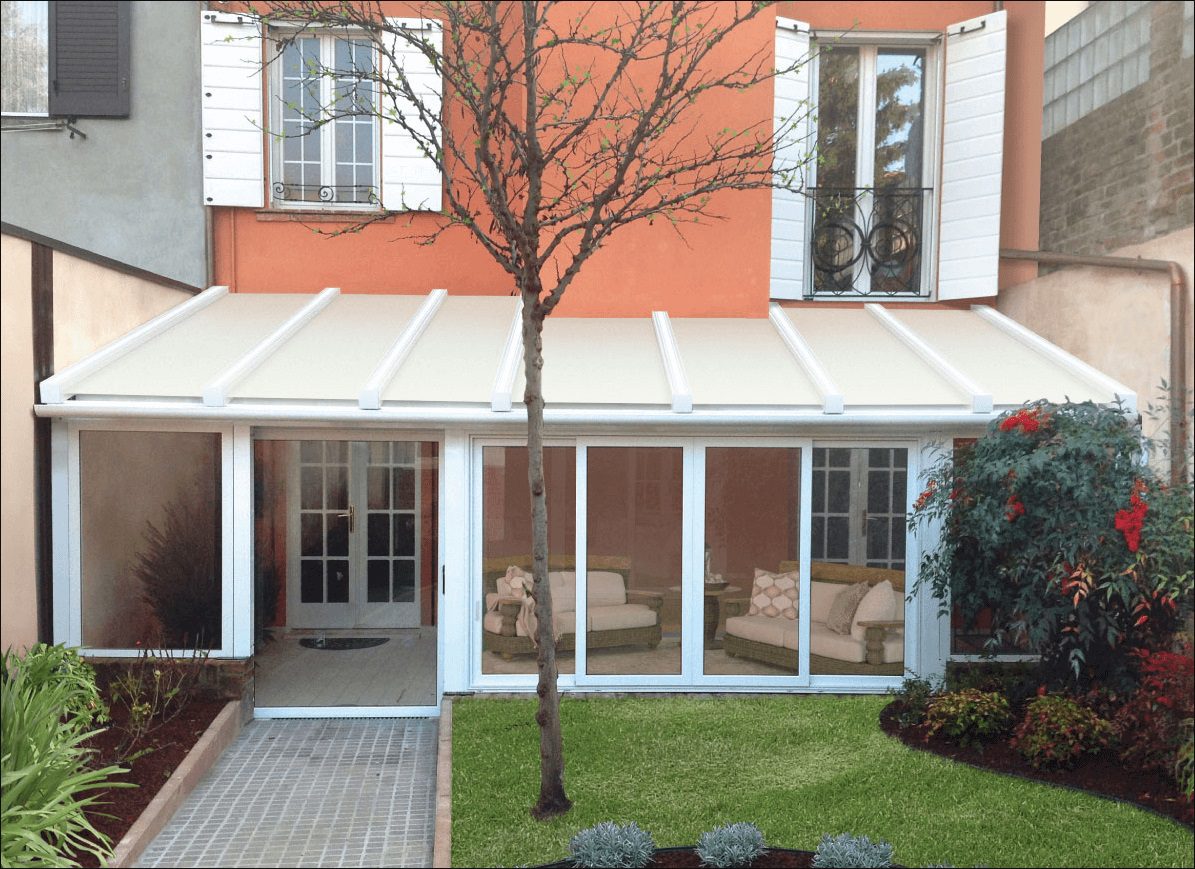 Awning over a patio with screens